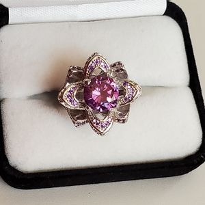 Sterling Round Amethyst Flower Statement Pave Ring
